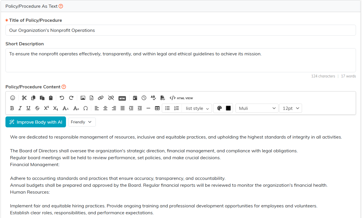 The Policy Procedure As Text page with the editor and the policy written out