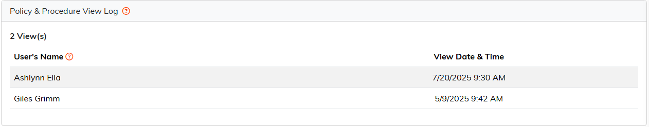 The View Log page listing two people and the date and time each opened the policy