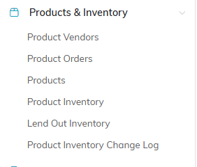 The Products and Inventory menu expanded, with Products in the list