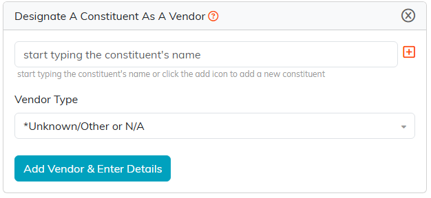 The Designate A Constituent As A Vendor panel with a name box, vendor type and the Add Vendor button