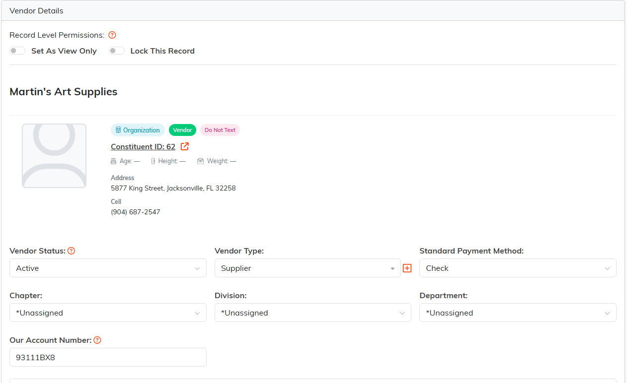 The Vendor Details page with the constituent card, vendor status, type, payment method and account number