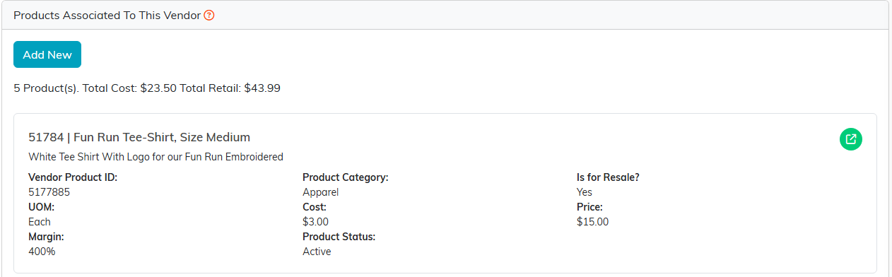 The Products page listing the products bought from this vendor with cost, price and margin
