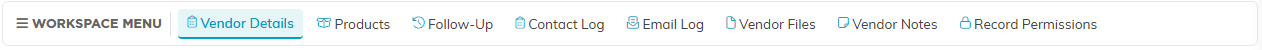 The Vendor Workspace menu bar listing every page of the record