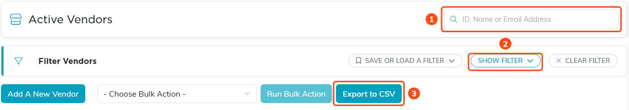 The vendor list search box, the Show Filter button and the Export to CSV button