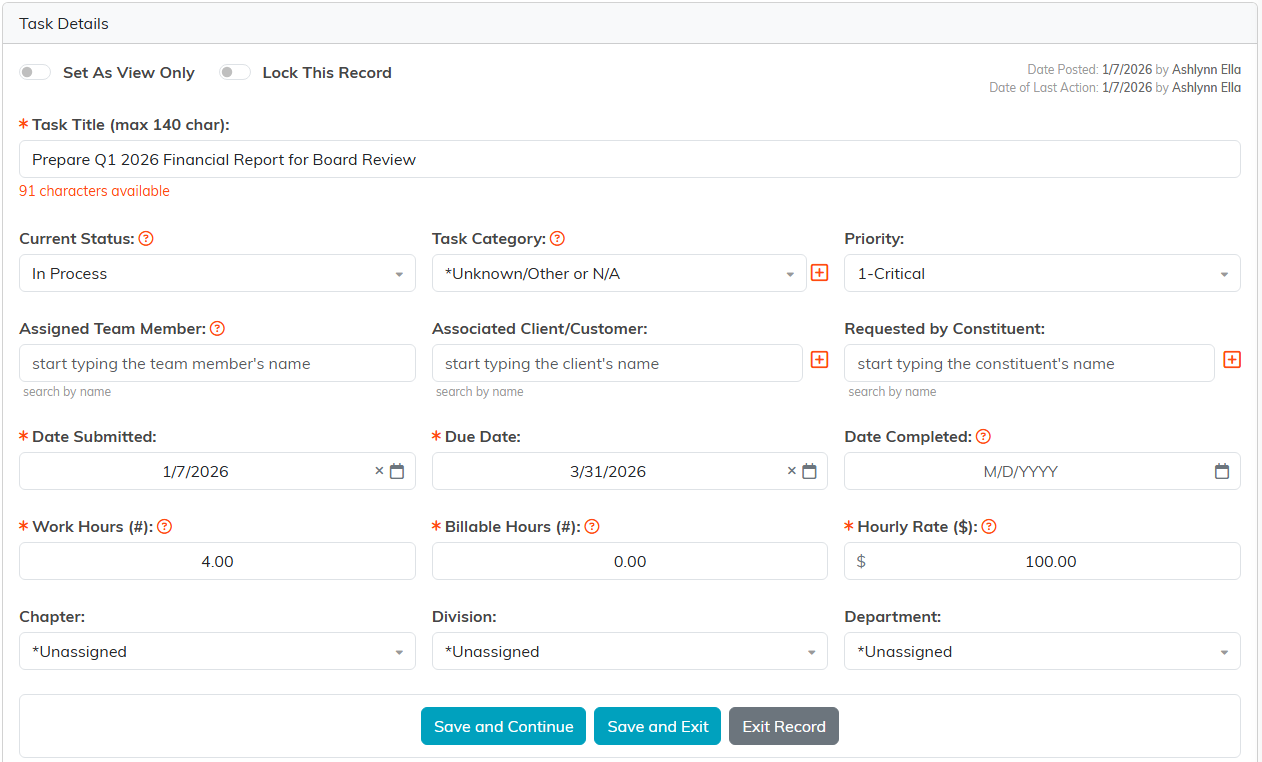The Task Details page with title, status, priority, assignee, due date and hours