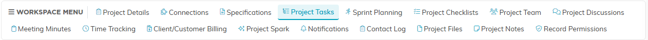 The Project Workspace menu bar listing tasks, team, checklists, discussions, meeting minutes, files, time tracking and billing