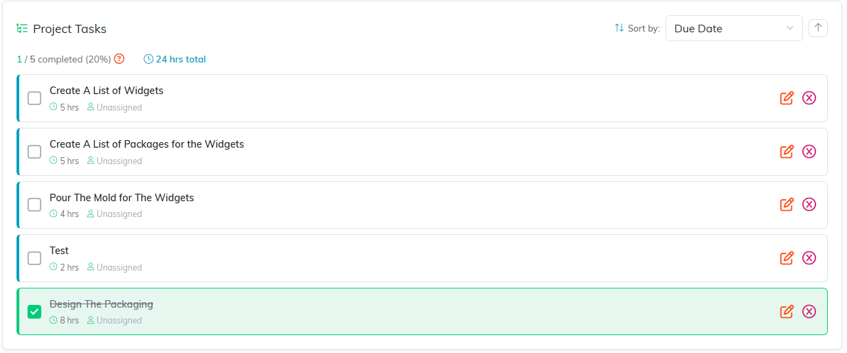 A project task list with five tasks, each showing hours and an assignee, one ticked off