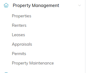 The Property Management menu expanded, showing Properties, Renters, Leases, Appraisals, Permits and Property Maintenance