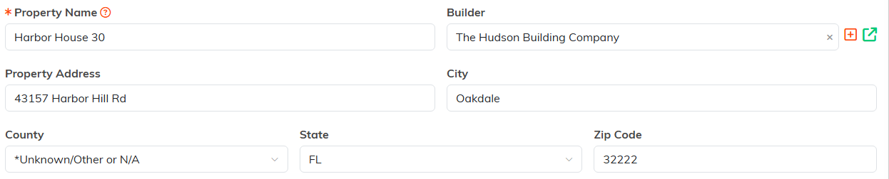 The Property Name, Builder, Property Address, City, County, State and Zip Code fields