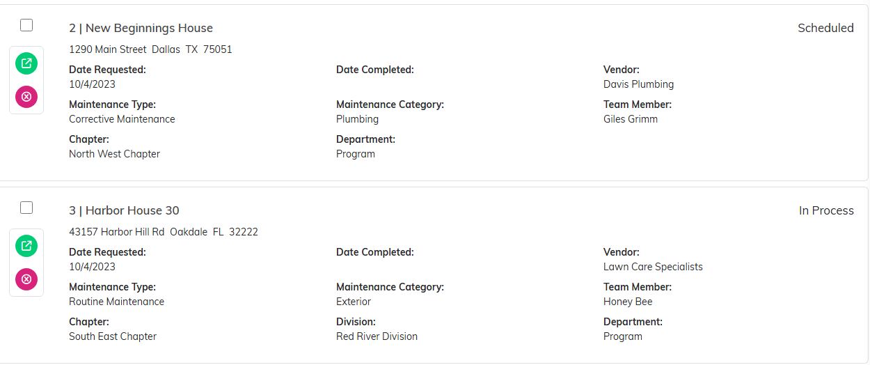 The Property Maintenance list showing maintenance instances across two properties with status, vendor and type