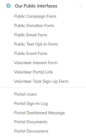 The Our Public Interfaces section of the left menu, expanded to show Public Email Form