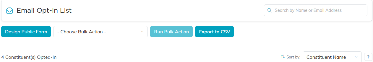 The Email Opt-In List with its search box, Design Public Form button, bulk action picker and Export to CSV button