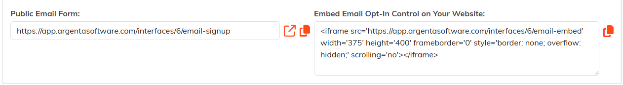 The Public Email Form link and the embed code side by side
