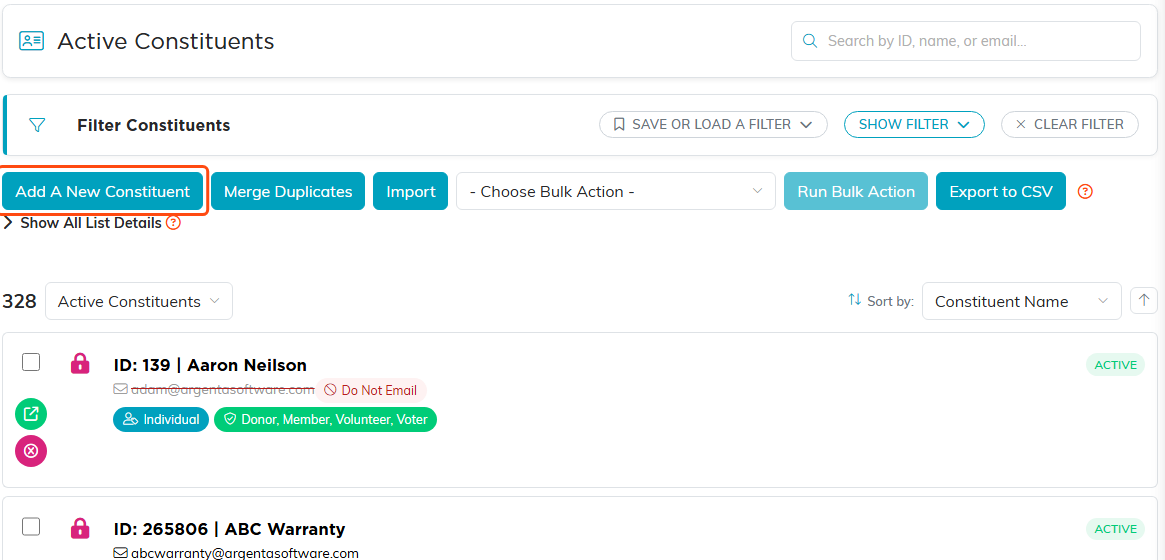 The Active Constituents list with a filter bar, the Add A New Constituent button, Merge Duplicates, Import, bulk actions, and Export to CSV