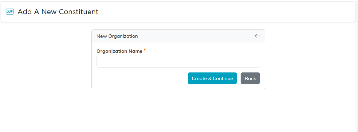 The New Organization step with a required Organization Name field and a Create and Continue button