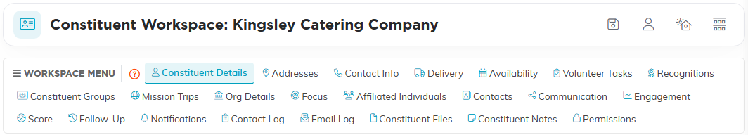 The Constituent Workspace title bar with the Save icon, and the workspace menu listing every section of an organization record