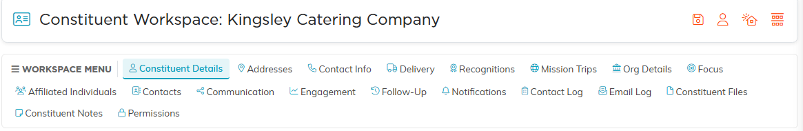 The Constituent Workspace title bar and the workspace menu listing every section of an organization record