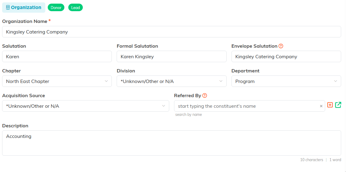 The Constituent Details fields for an organization: Organization Name, the three salutations, Chapter, Division, Department, Acquisition Source, Referred By, and Description