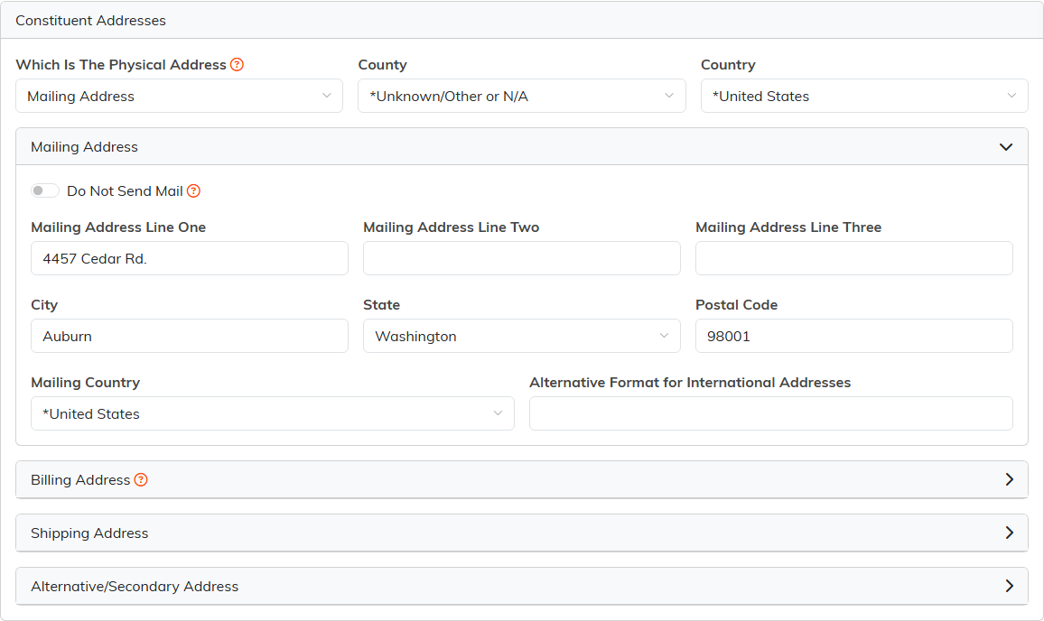 The Constituent Addresses section with a physical address picker, County and Country, an expanded Mailing Address, and collapsed Billing, Shipping, and Alternative sections