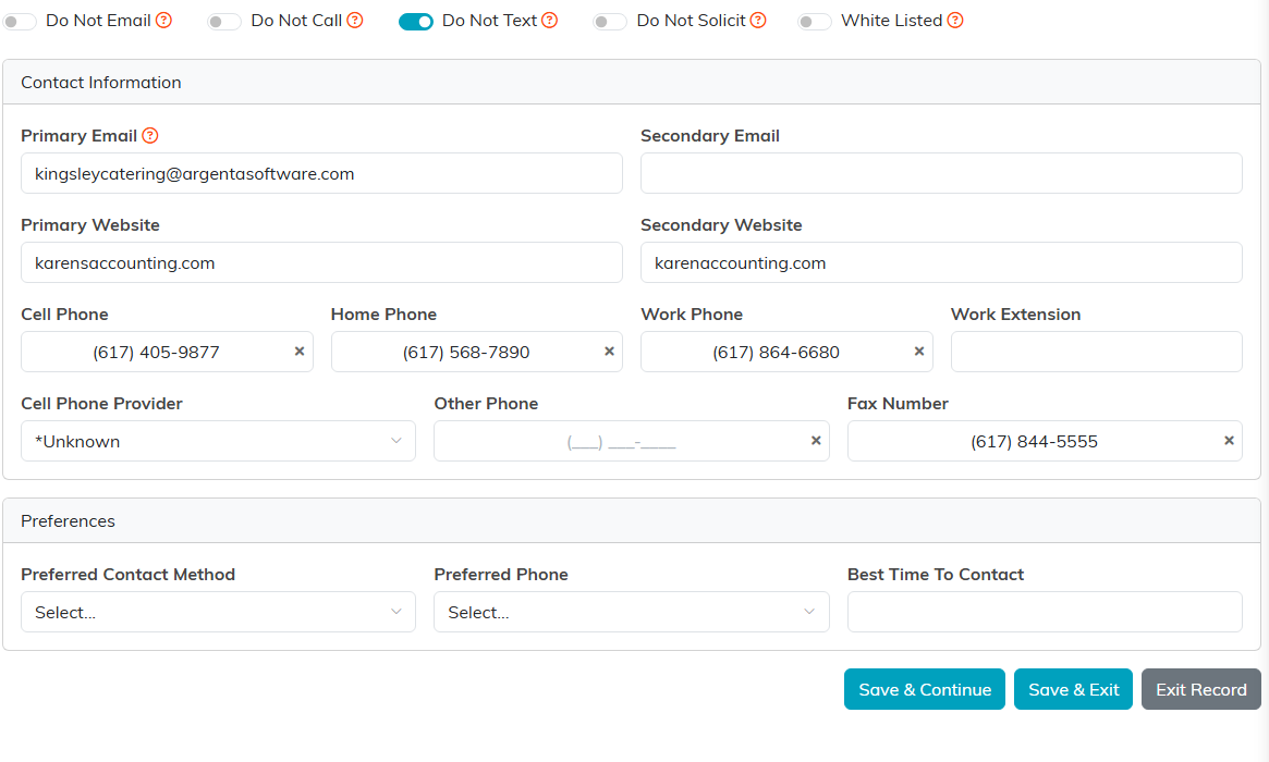 The Contact Information section with primary and secondary email, websites, cell, home and work phone, extension, provider, other phone, and fax