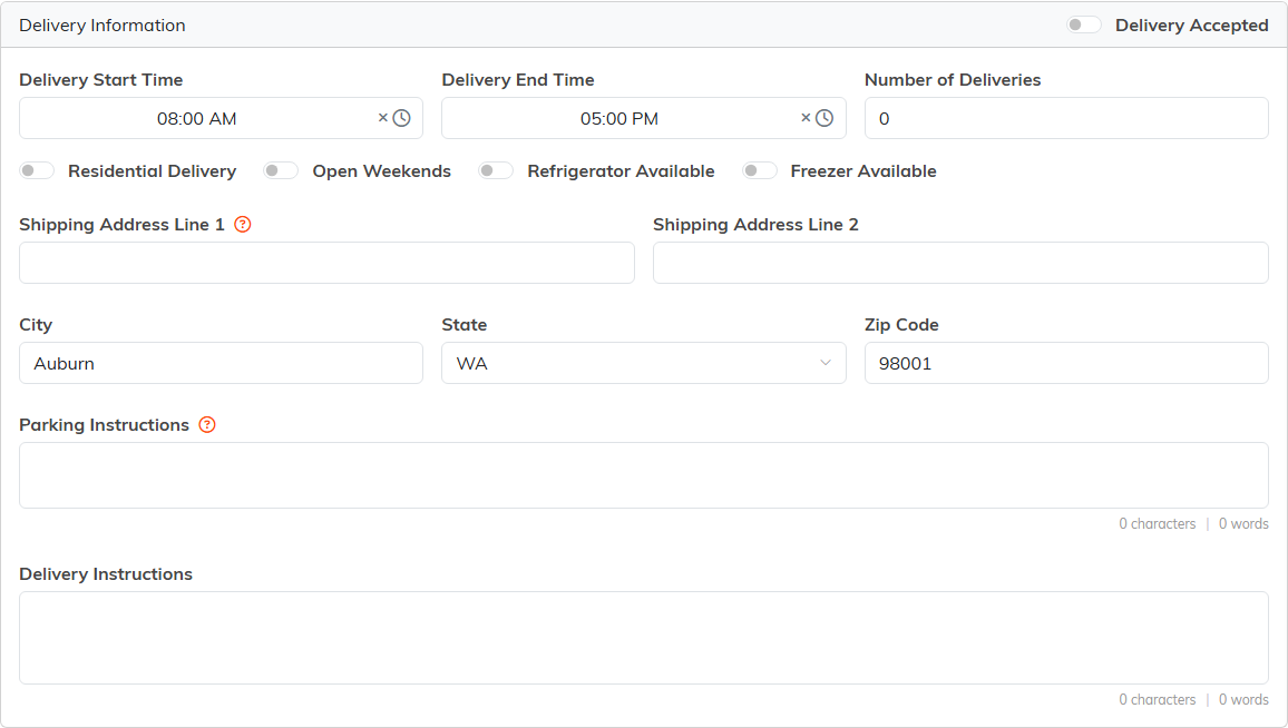 The Delivery Information section with a Delivery Accepted switch, delivery window, switches for residential, weekends, refrigerator and freezer, a shipping address, and parking and delivery instructions