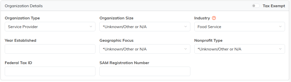 The Organization Details card with a Tax Exempt switch, Organization Type, Organization Size, Industry, Year Established, Geographic Focus, Nonprofit Type, Federal Tax ID, and SAM Registration Number