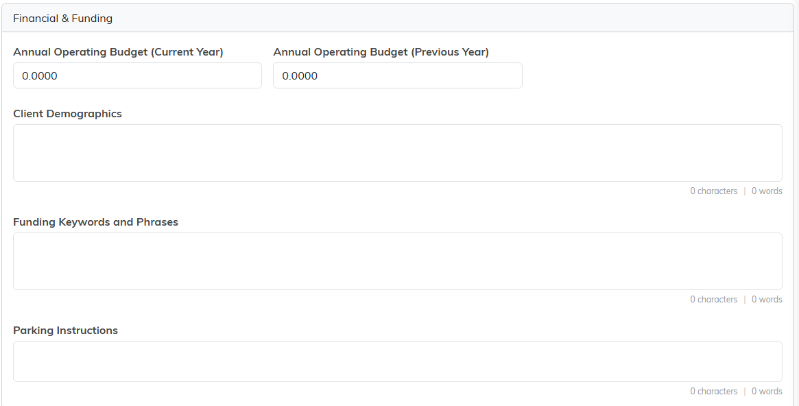 The Financial and Funding card with annual operating budget for the current and previous year, Client Demographics, Funding Keywords and Phrases, and Parking Instructions