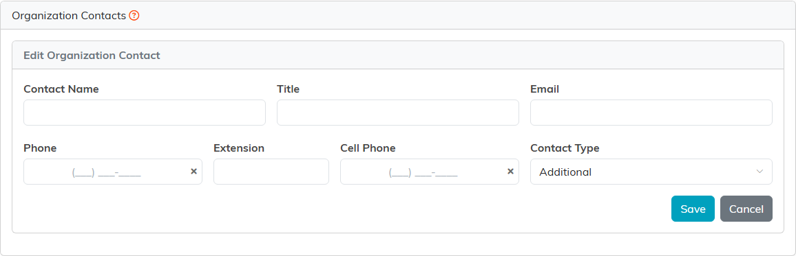 The organization contact form with Contact Name, Title, Email, Phone, Extension, Cell Phone, and a Contact Type picker
