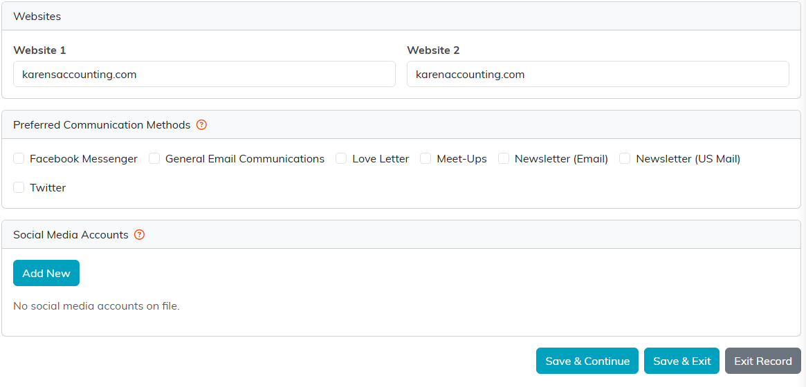The Communication section showing the Websites card, the Preferred Communication Methods checkboxes, and the Social Media Accounts card