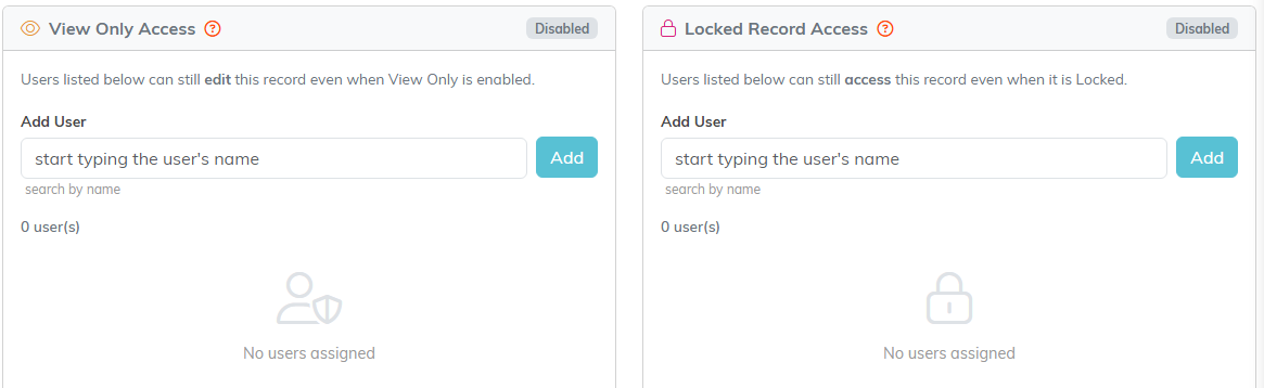 The Permissions section with a View Only Access panel and a Locked Record Access panel, each with an Add User box