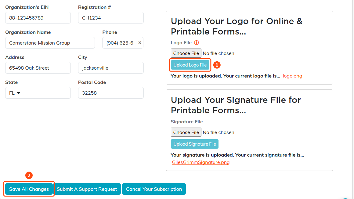 The organization details section of the Subscription page, with the fields on the left, the logo and signature upload boxes on the right, and the Save All Changes button at the bottom