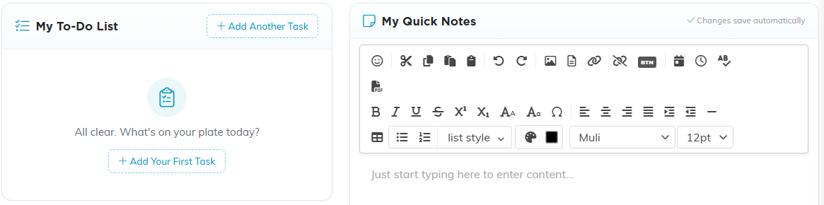 The two dashboard panels side by side, My To-Do List on the left and My Quick Notes on the right