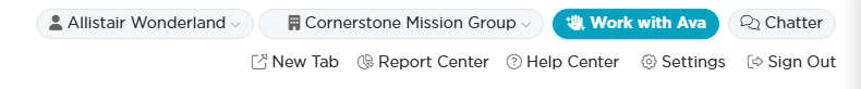 The bar across the top of Argenta showing the user name, the organization name with a building icon, Work with Ava, Chatter, New Tab, Report Center, Help Center, Settings, and Sign Out