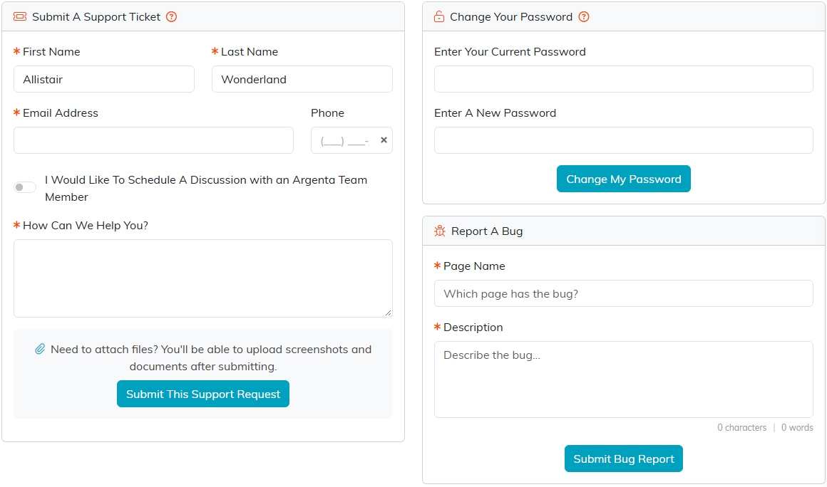 The Help Center with a Submit A Support Ticket form on the left, and on the right a Change Your Password panel with Enter Your Current Password and Enter A New Password fields above a Report A Bug panel