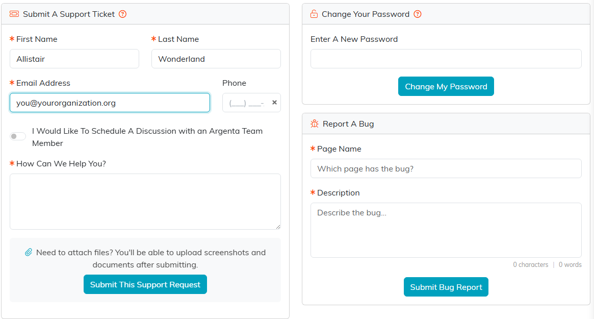 The Help Center with a Submit A Support Ticket form on the left and Change Your Password and Report A Bug panels on the right