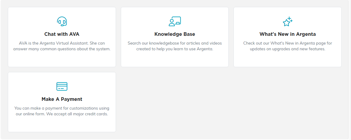 The four Help Center tiles: Chat with AVA, Knowledge Base, What's New in Argenta, and Make A Payment