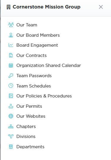 The team menu slid out from the right, listing Our Team, Our Board Members, Board Engagement, Our Contracts, Organization Shared Calendar, Team Passwords, Team Schedules, Our Policies and Procedures, Our Permits, Our Websites, Chapters, Divisions, and Departments