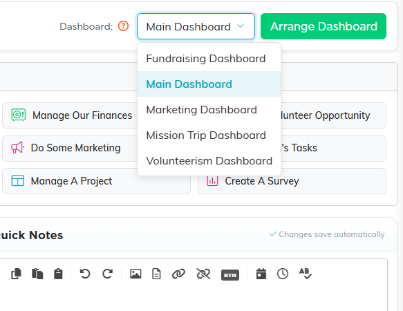 The dashboard picker open, listing Fundraising Dashboard, Main Dashboard, Marketing Dashboard, Mission Trip Dashboard, and Volunteerism Dashboard