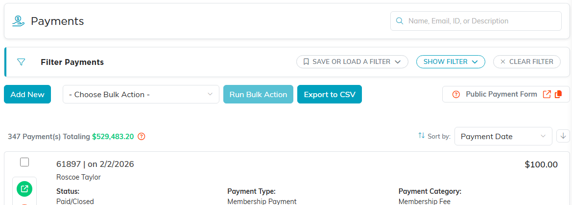 The Payments and Income list