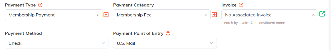 The Payment Type, Payment Category, Payment Method and Payment Point of Entry fields