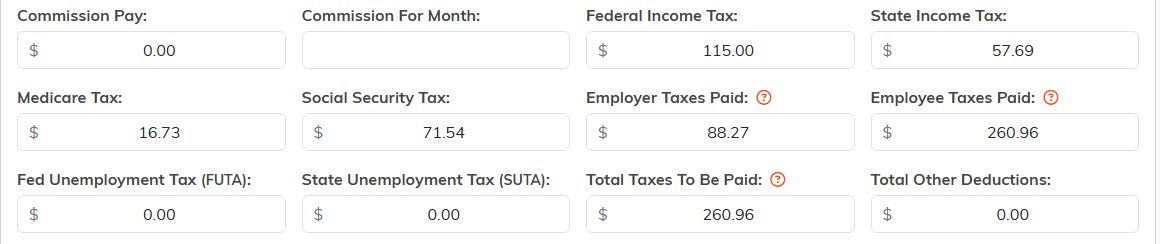 The commission and tax fields on a payroll distribution