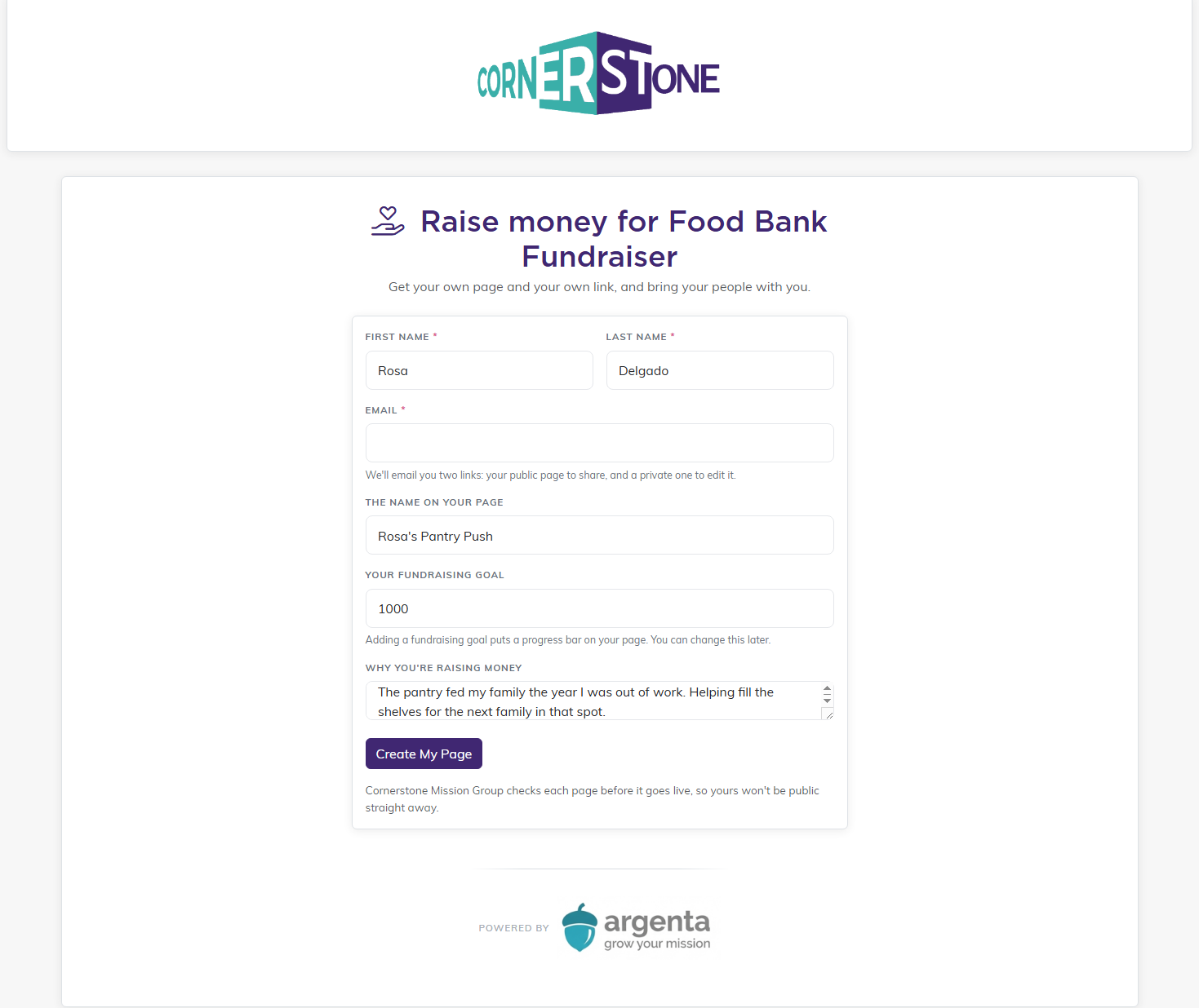The supporter signup form headed Raise money for Food Bank Fundraiser, with required first name, last name and email fields, then optional fields for the name on your page, your fundraising goal and why you're raising money, and a Create My Page button