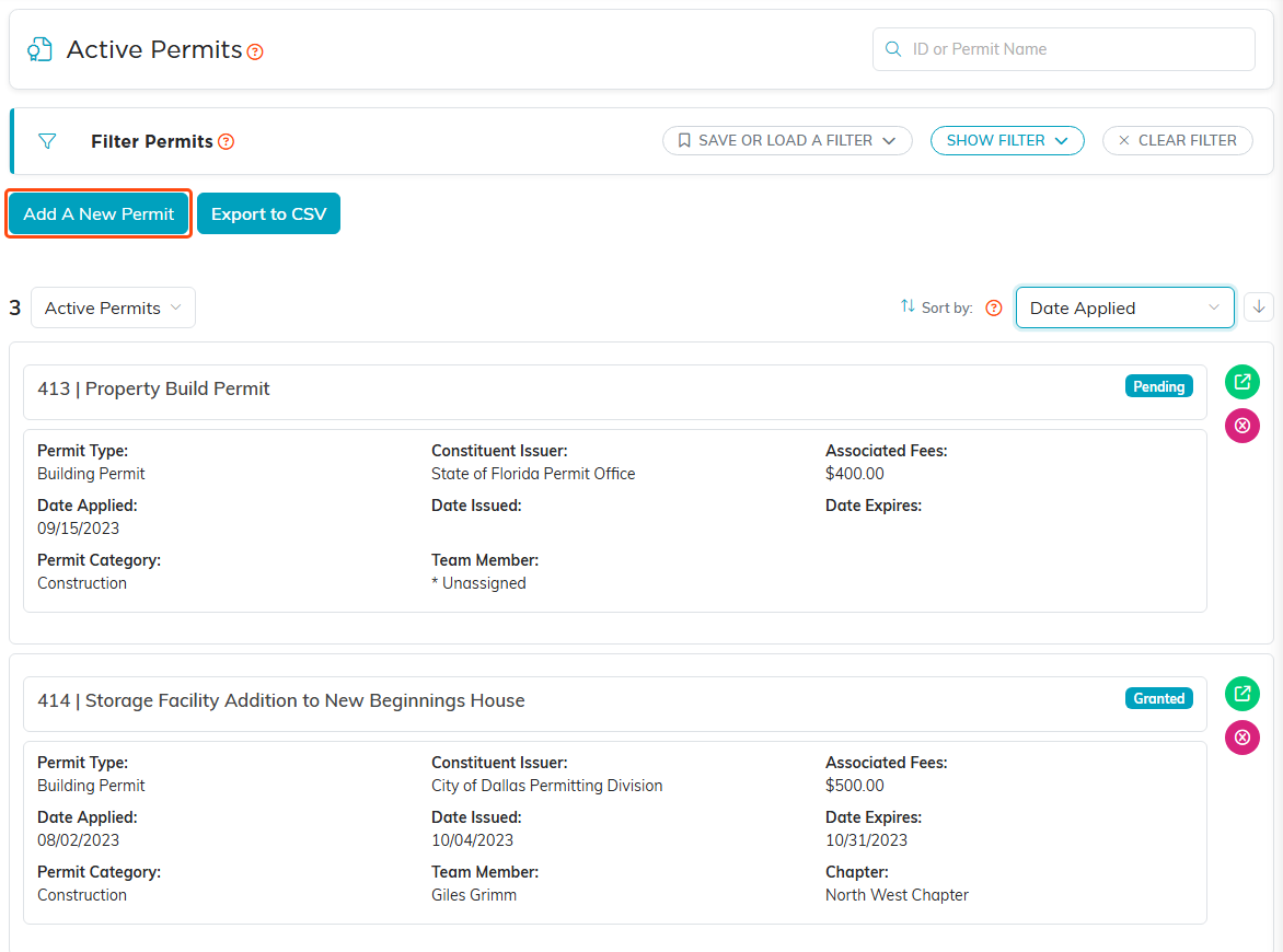 The Active Permits list with the Add A New Permit button outlined, sorted by Date Applied, showing two permits with their type, issuer, fees, dates, category and team member