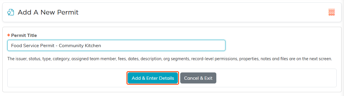 The Add A New Permit screen with a permit title entered and the Add and Enter Details button outlined