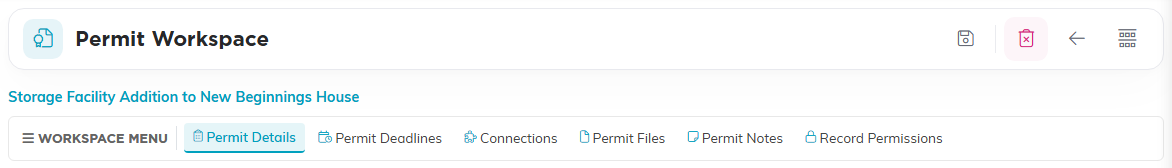 The Permit Workspace title bar and Workspace Menu with Permit Details, Permit Deadlines, Connections, Permit Files, Permit Notes and Record Permissions
