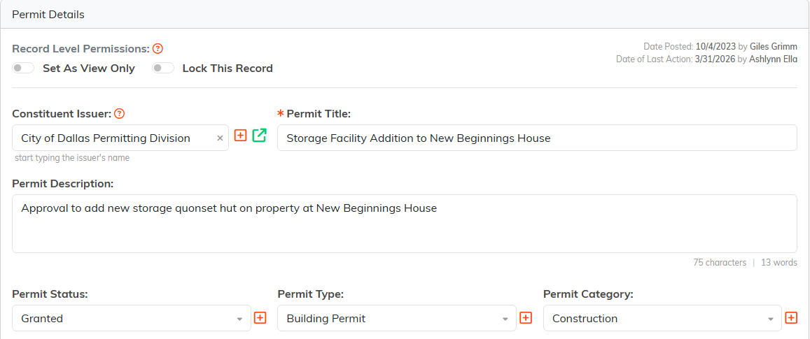 The top of Permit Details with the record permission switches, Constituent Issuer, Permit Title, Permit Description, Permit Status, Permit Type and Permit Category