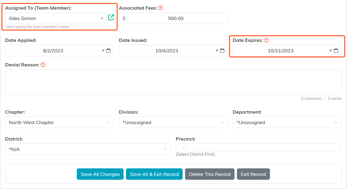 The lower part of Permit Details with Assigned To (Team Member) and Date Expires outlined, above Associated Fees, Date Applied, Date Issued, Denial Reason, the chapter and district fields and the save buttons