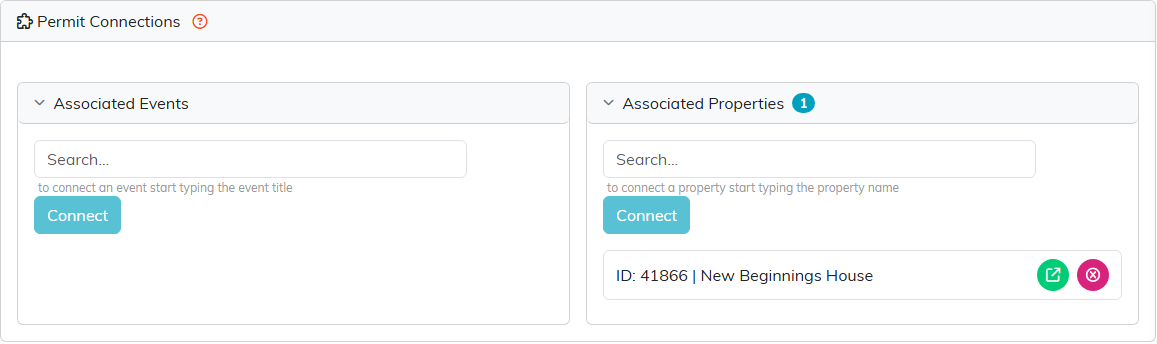 The Permit Connections page with Associated Events and Associated Properties, and one property connected