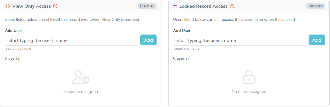 The Record Permissions page with View Only Access and Locked Record Access, each with an Add User box and no users assigned
