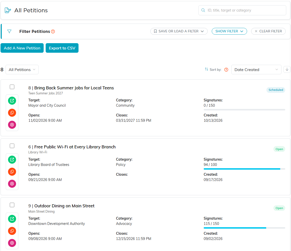 The Petitions list with Add A New Petition, Export to CSV, the status dropdown and petitions showing their status, target, category and signatures against the goal